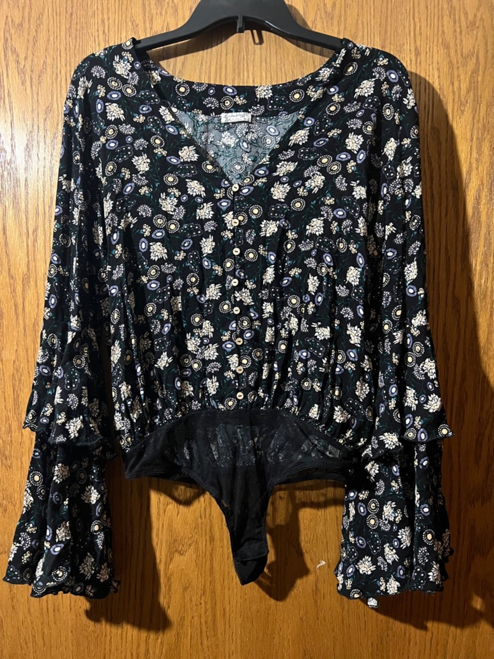 Free People Black Floral V-Neck Long Sleeve Bodysuit